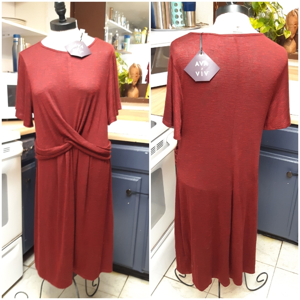 Womans Dress Sz 12 Stretchy B5 Shortsleeve stretch Maroon brick red AVA